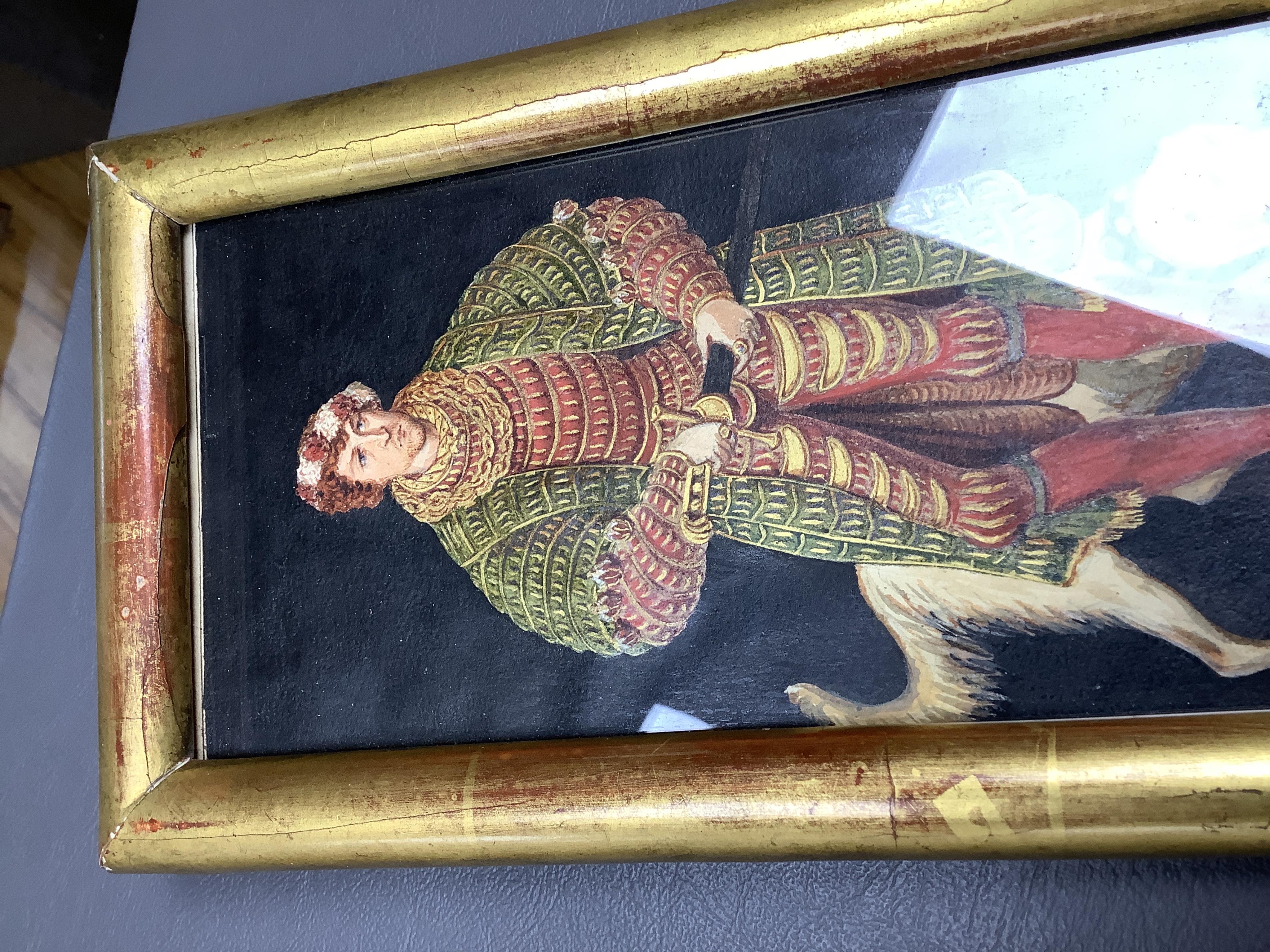 After Lucas Cranach the Elder (German, 1472-1553), portraits of Henry IV, The Pious Duke of Saxony and Duchess Katharina Von Mecklenburg, pair of 19th century gouaches, unsigned, 19 x 9cm, gilt framed